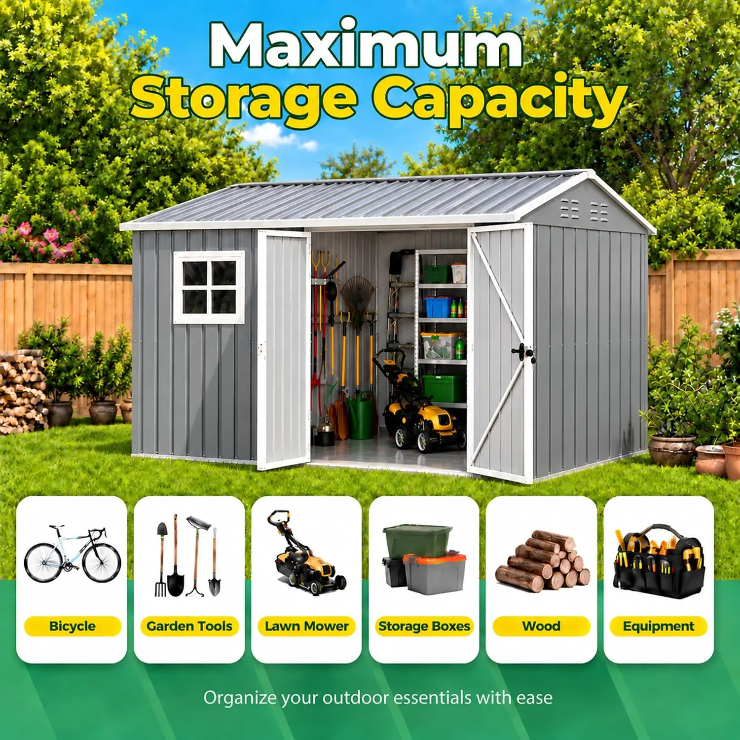Outdoor Storage Shed Metal Gable Roof Gray 8x10 FT, Customized