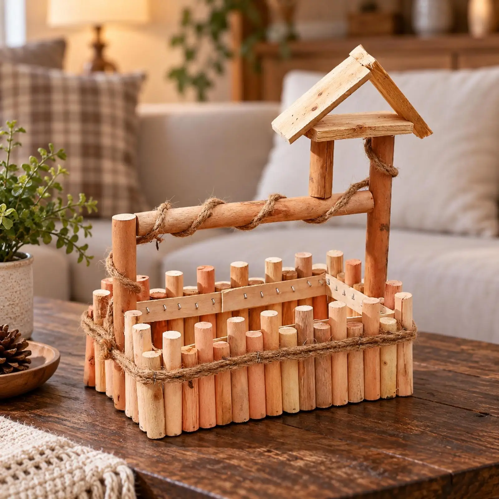 Open-Top Wooden Container with Rope Detail Decorative Slatted Wooden Storage