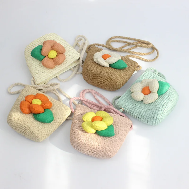 Summer Flower Children's Coin Purse Shoulder Bags Woven Straw Baby Girls Small Crossbody Bag Lovely Kids Mini Zipper Handbags