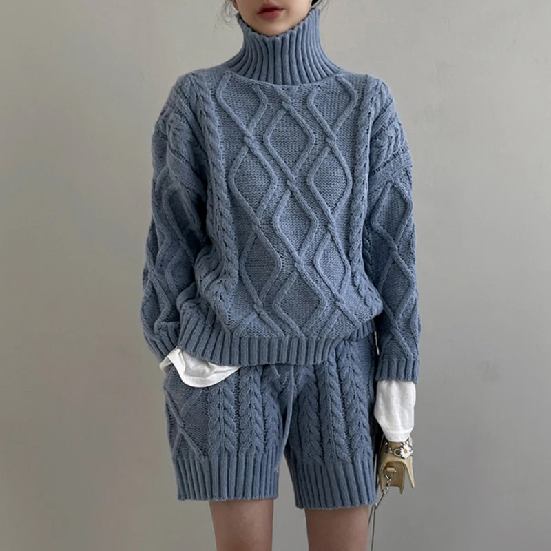 Vintage Twist Knitting Sets Turtleneck Knitted Sweater Tops High Waist Drawstring Lace-up Knitted Shorts Autumn Casual Knit Sets