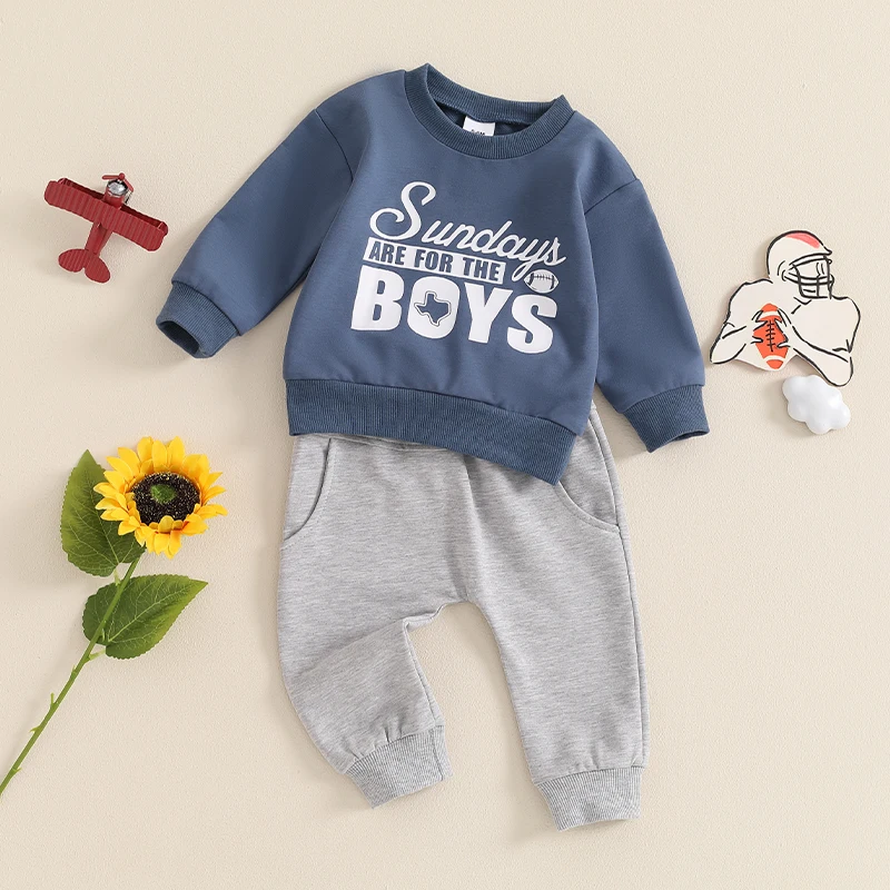 Baby Boy 2 Piece Fall Outfit Letter Rugby Print Long Sleeve Sweatshirt Elastic Waist Pants with Pockets