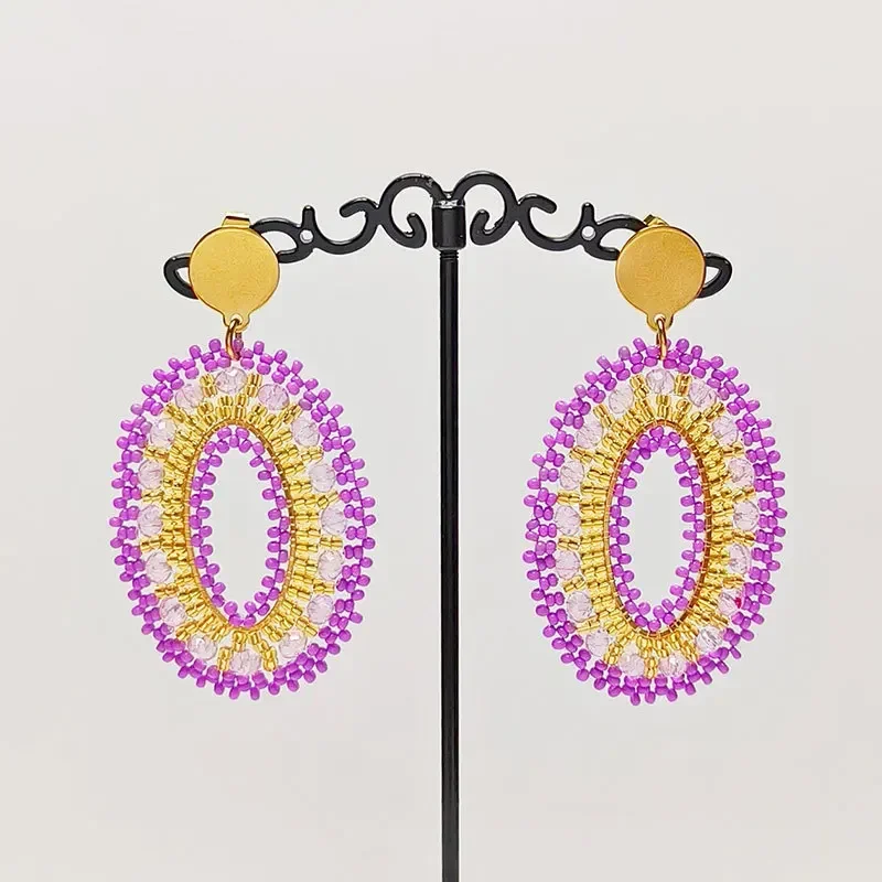 Ellipsoid التدرج الأرز أقراط من الخرز الجوف خارج الهندسة كريستال اليد الحياكة بوهيميا موضة مجوهرات مطرزة للنساء #2