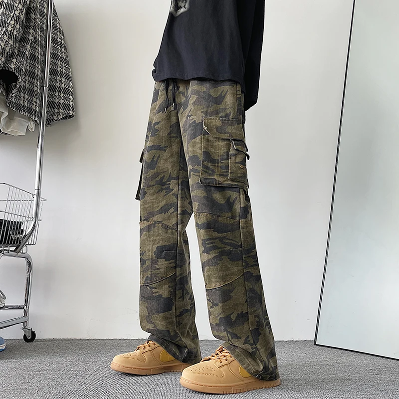 

Американские винтажные камуфляжные рабочие джинсы для мужчин: свободные, широкие, прямые, повседневные, длинные брюки для весны и осени