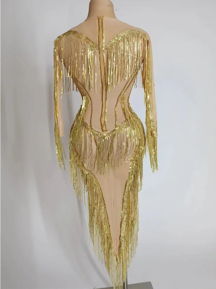 Party Singer Stage Costume Sexy Golden Fringe Transparent Gauze Women Dress Long Sleeve Irregular Hemline Wear