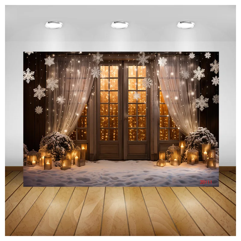 

Vinyl Custom Glowing Radiant Lights Christmas Decorations Photography Backdrops Snowflake Wooden Door Studio Background WW-70