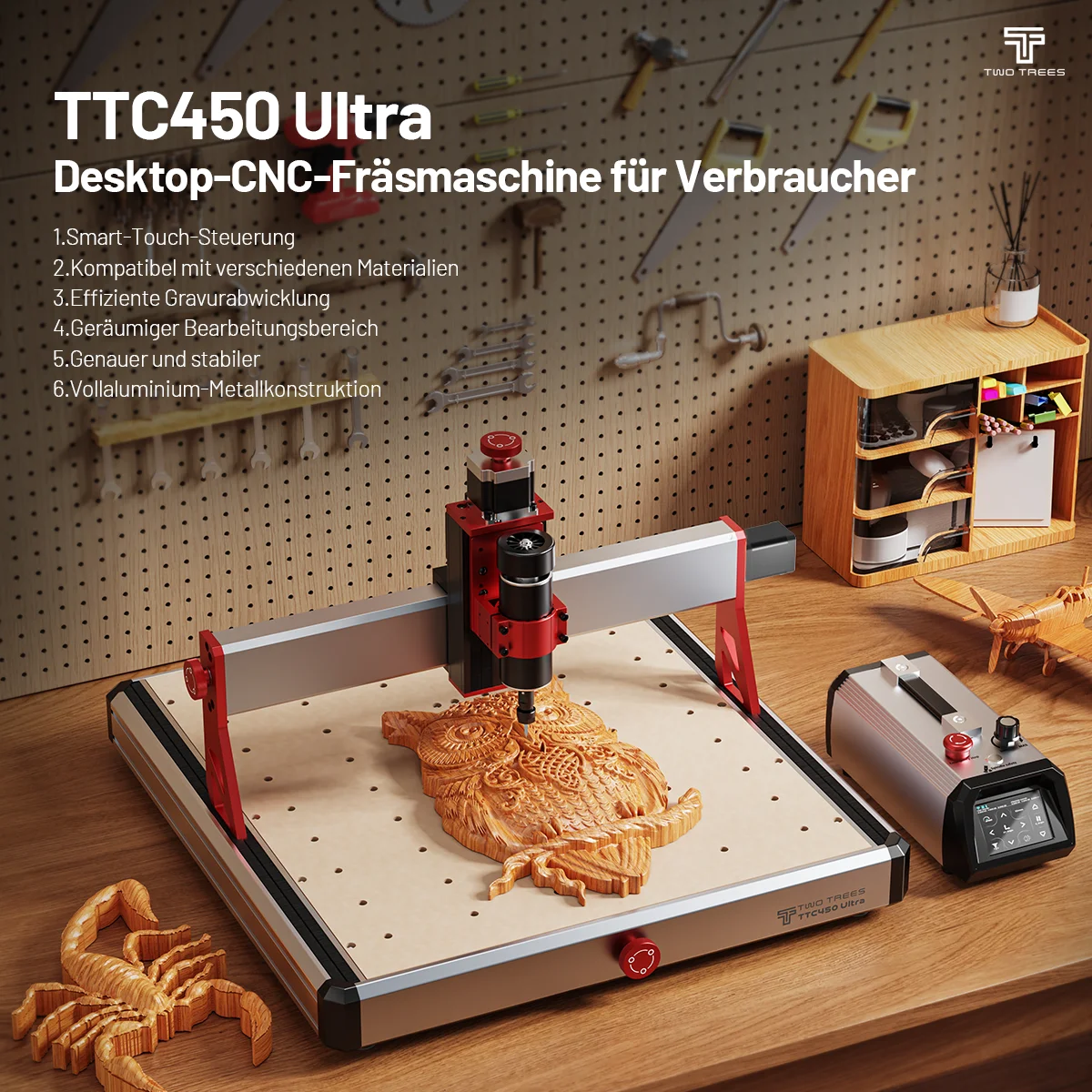 Twotrees TTC450 Ultra CNC router machine 465x465mm Work Area 500W Spindle All-Metal Engraving Machine for Wood Acrylic Aluminum