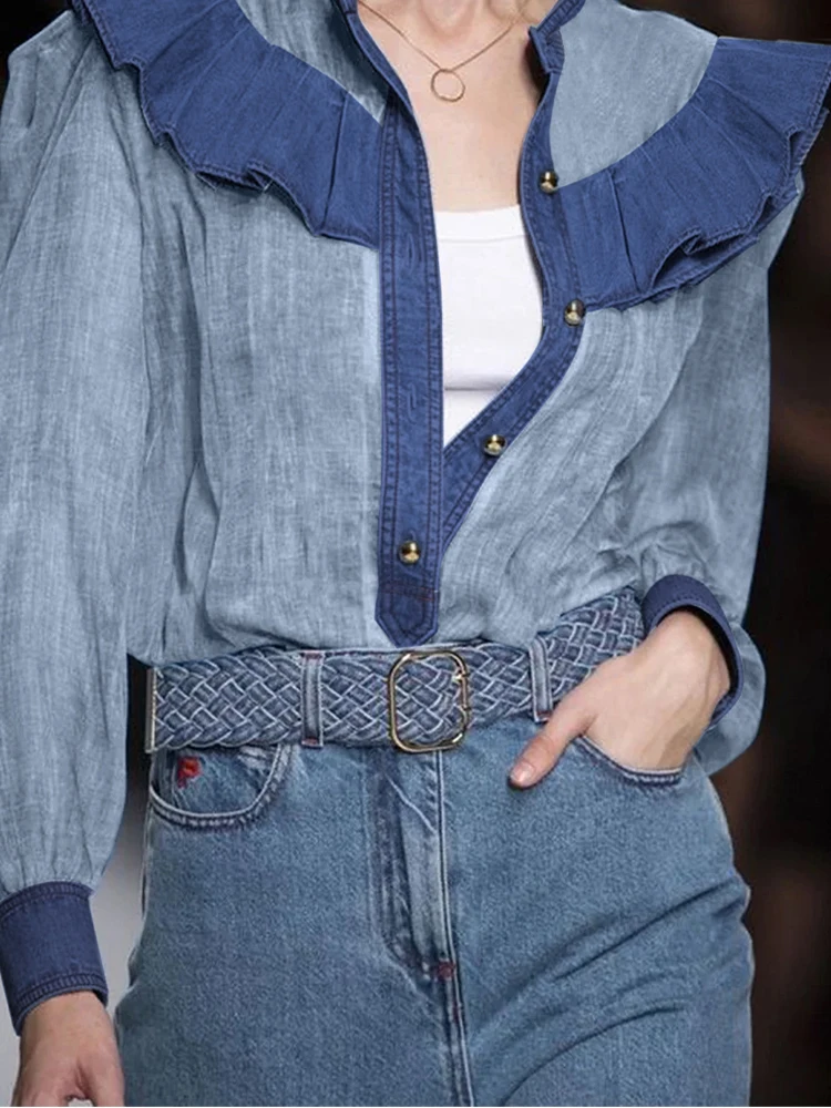 Elegant Pleated Ruffles Shirt Women Long Sleeves Patchwork Design Single-breasted Blouse Tops 2025 Spring Summer Clothing