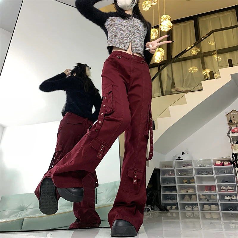 Trashy Y2K 2000S Streetwear Wine Red Baggy Flare Cargo Jeans Pants For Women Clothing Multi Pockets Straight Lady Trousers Ropa