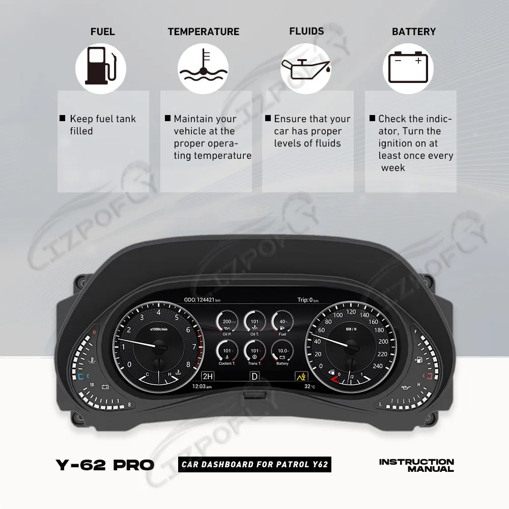 Car Dashboard For Nissan Patrol Y62 2010-2021 LCD Speedometer Digital Cluster Virtual Cockpit Instrument Display Panel GPS Linux