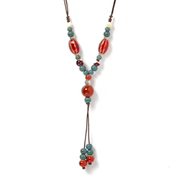 Handmade Red Long Watermelon Ceramic Necklace Vintage Pendant Jewelry Adjustable Fashion Accessory for Women Gifts 1115