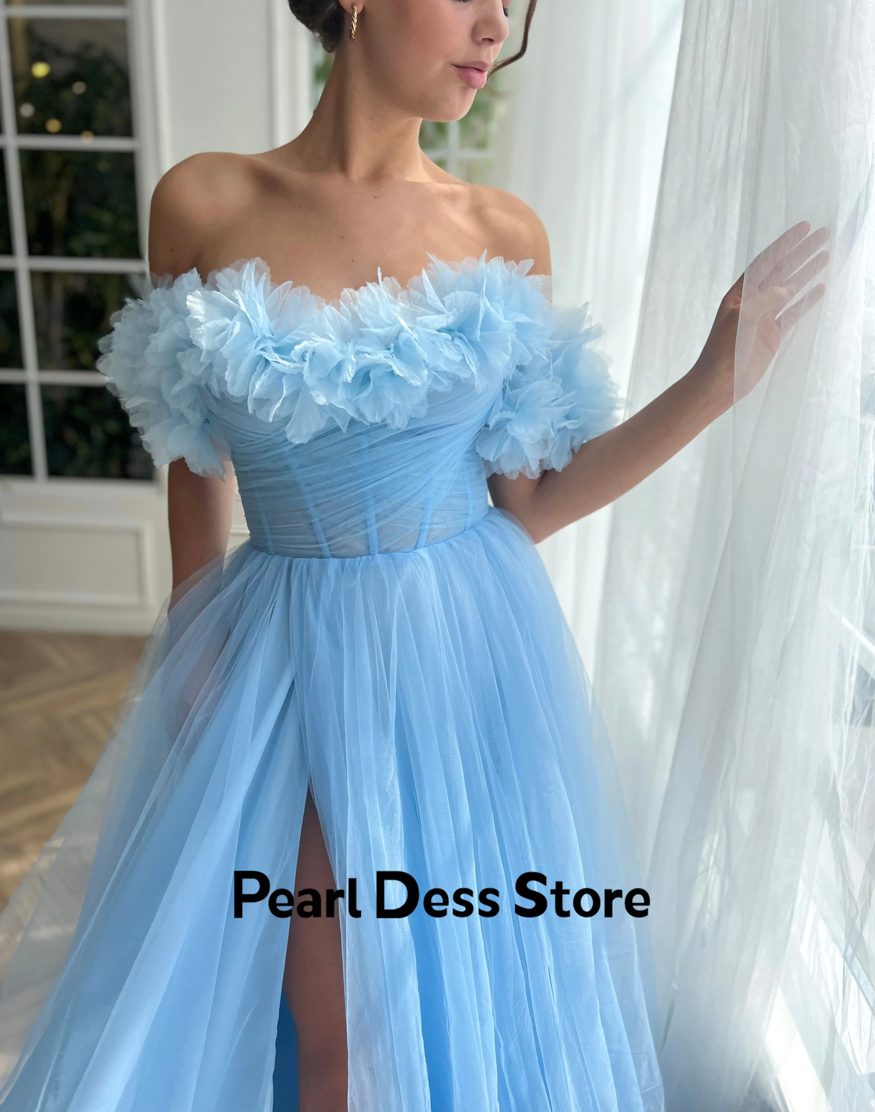 Pearl Sky Blue Gala Dresses Woman 2024 for Party Dress Es Off the Shoulders A Line Long Skirt Gauze Side Slit Ball Gowns Evening