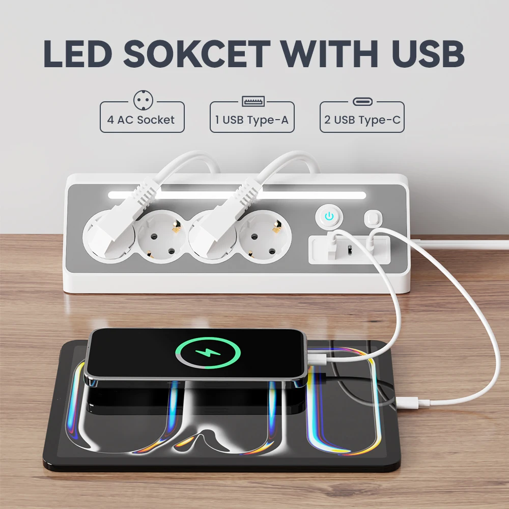 ADEA Cilia Power Strip multi Wall Plug outlets Splitter electrical Sockets 1usb 2c 4 Ac1.4m Cable Home,in The Countertop
