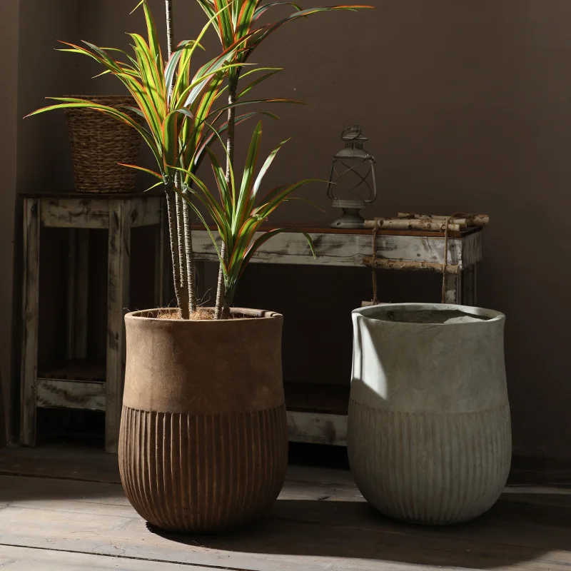 Nordic retro style magnesium mud flower pot floor-to-ceiling round large-size outdoor gardening mall agave green plants