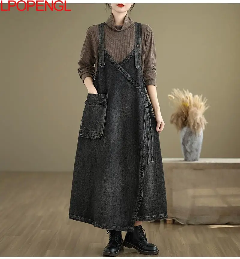 Fashion Solid Color Loose Denim Spaghetti Strap Dress Women Spring And Summer V-neck Suspender Spliced Large Pockets Long Dress