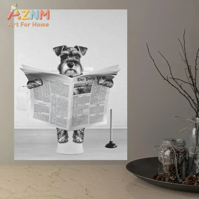 AZNM Frameless 2D Flat Funny Schnauzer Dog Reading Newspaper On Toilet Canvas Print, Reusable Retro Bathroom Wall Art Decor