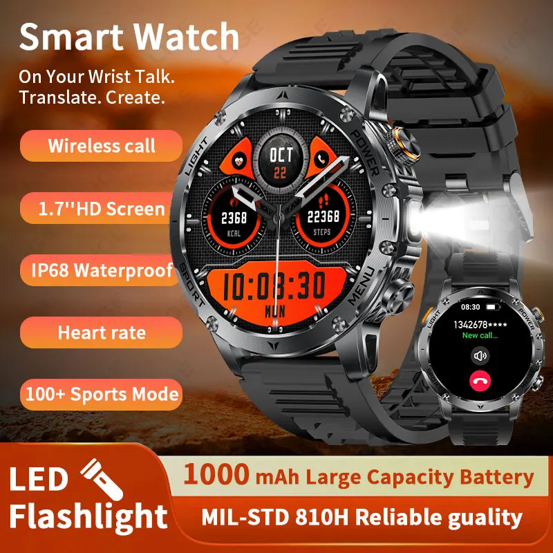 

Новые военные 1000 мАч Смарт-часы для мужчин Мониторинг сердечного ритма Фонарик Смарт-часы 3ATM Водонепроницаемые Спорт на открытом воздухе Фитнес-трекер