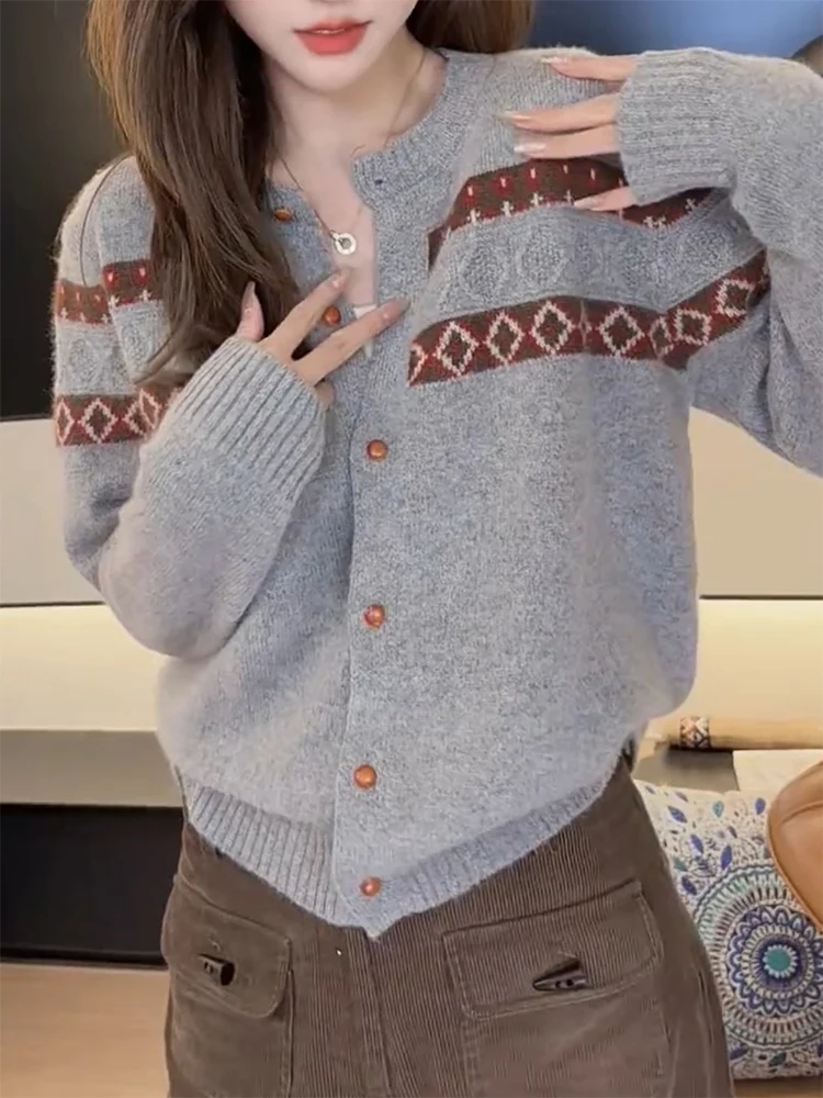 

Korean High-End Vintage Color Blo Knitted Open Cardigan Autumn Winter New Large Size Ele Slimming Age-Defng Top