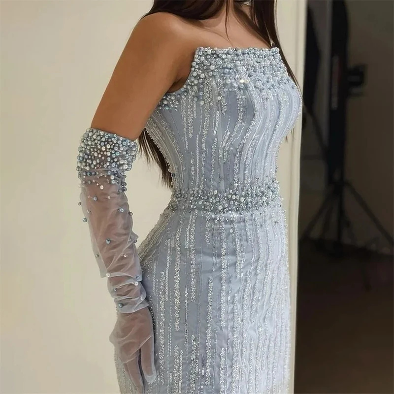 Robe de Soirée de Forme Sirène pour Femme, Tenue Luxueuse et Élégante, Sans Bretelles, Bleu Clair, Style Arabe, Dubaï