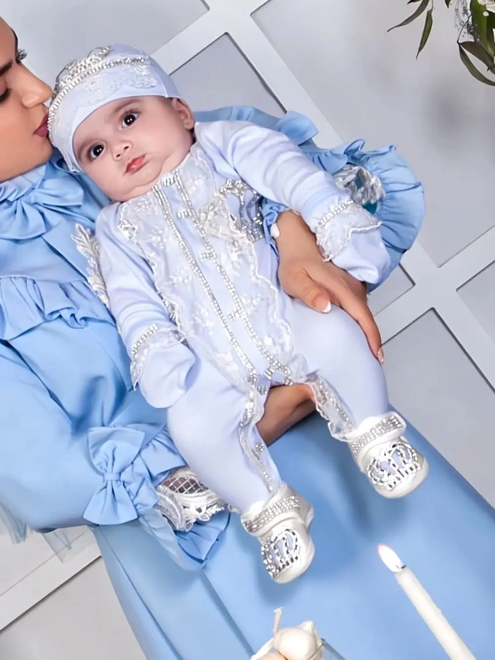 Original UK Prince Take Me Home Outfit Baby Crown Jewels set Baptism Bling Outfit Rubybelleb Light Blue 3pcs Layette Swaddle Set