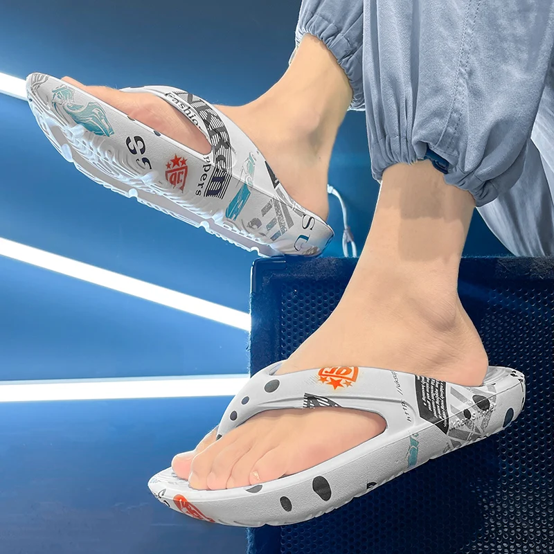 Men's Summer EVA Thick-Soled Flip-Flops with Lettering, Fashionable Toe-Post Sandals for Outdoor, Beach, Shower, and Anti-Slip