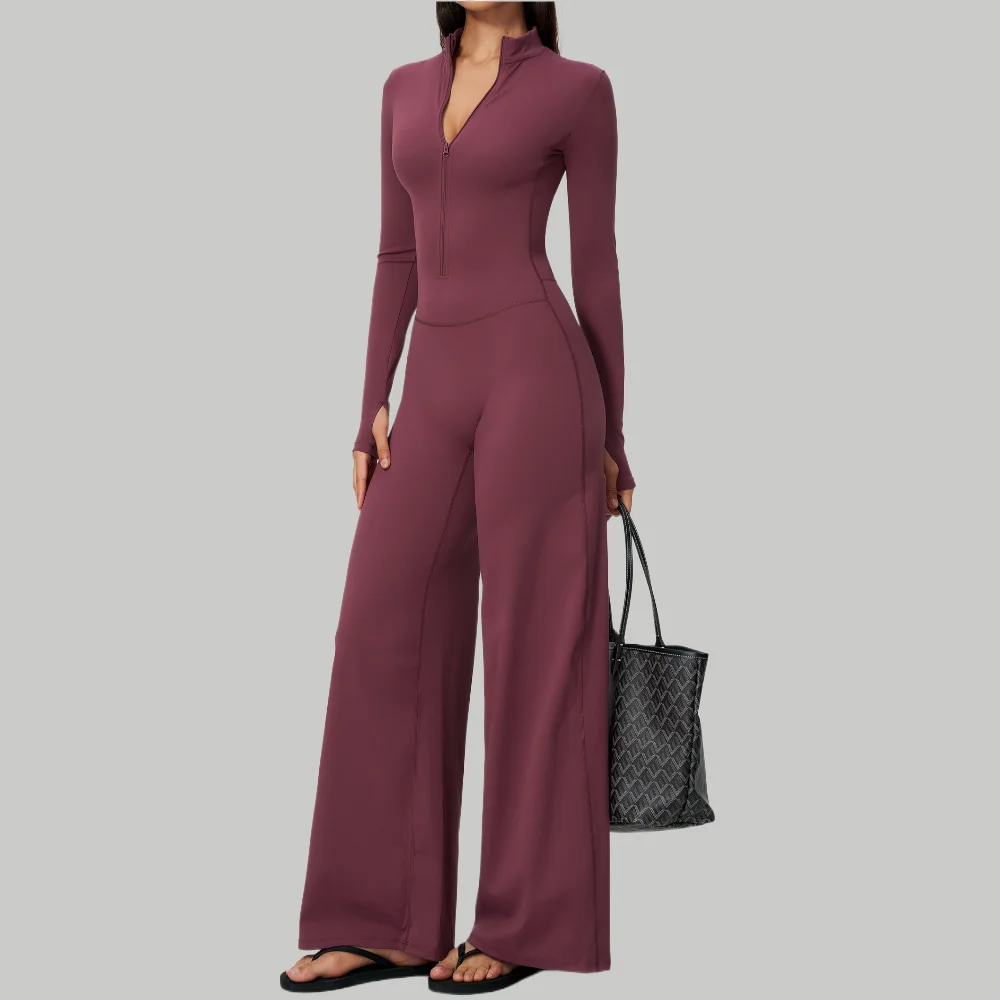 Fitness Bodysuit Women Half Zip Yoga Jumpsuit Sportswear Long Sleeve Thumb Hole Wide Leg Pants Gym Set Running Workout Outfits