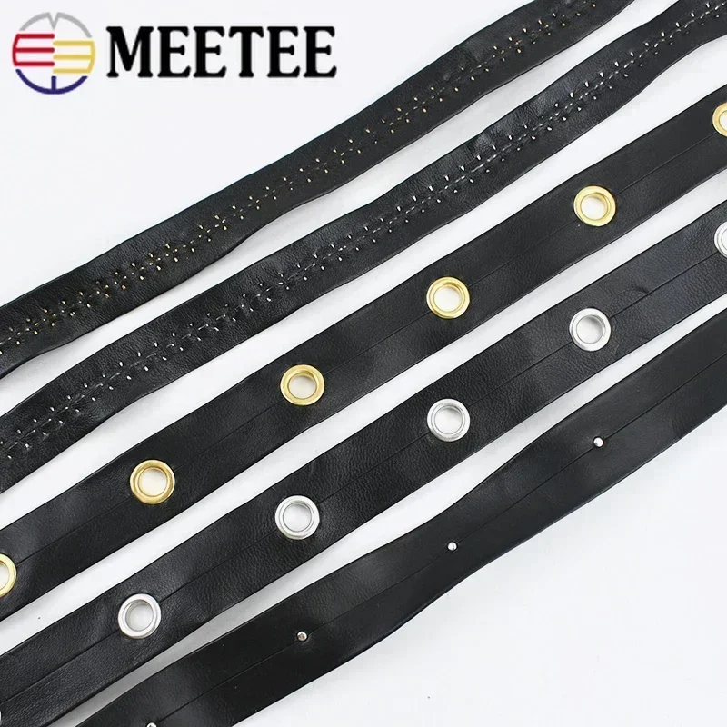 4/10M 1/2cm PU Leather Eyelets Band Ribbons Punk Rivets Rope Bags Strap Collar Decor Lace Tape DIY Clothing Material Accessories