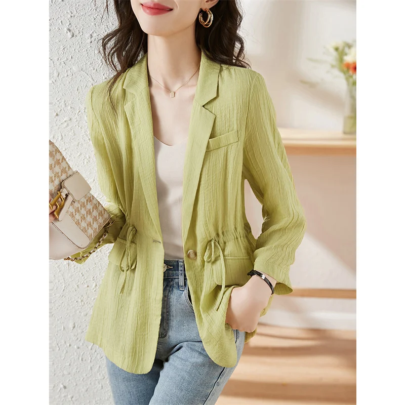 

2023 New Women Blazer Korean Spring Summer Drawstring Waist Slim All-match Sunscreen Thin Ladies Suit Casual Coat Female Tops