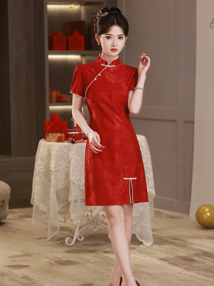 Elegant Women Wedding Cheongsam Short Sleeve Chinese Qipao Dress Mandarin Collar Formal Party Gown Beading Vintage Clothing