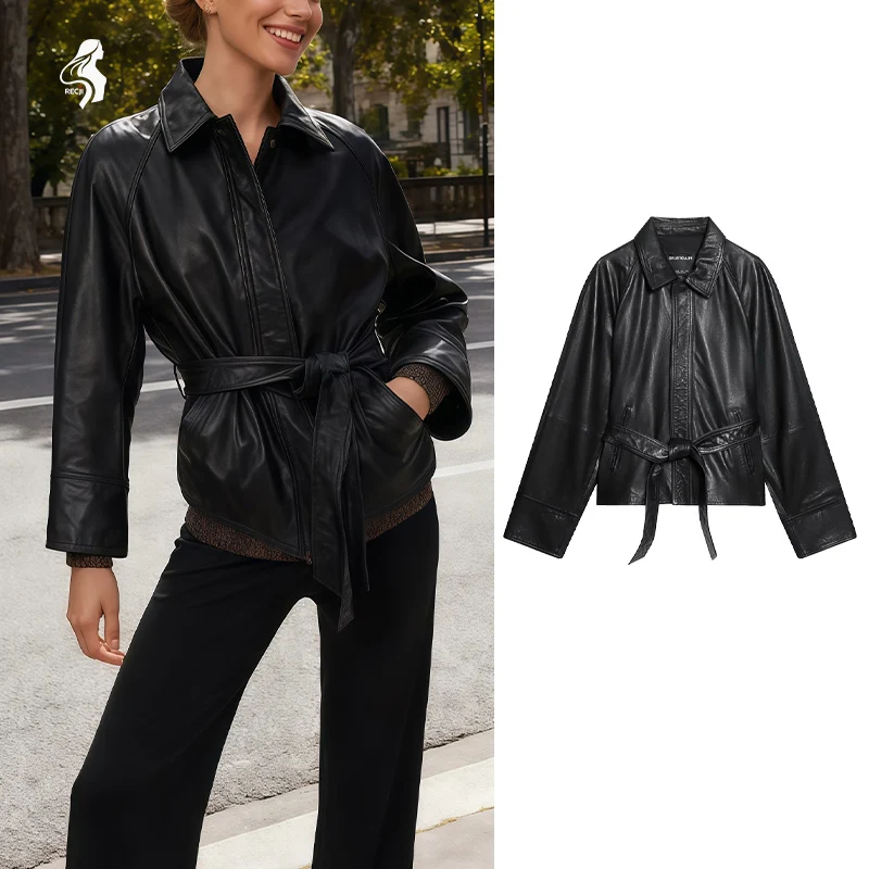 Womens Fashion Jacket With Belt Notched Collar Single Breasted Short Leather Jacket Versatile Suitable For Daily Wear Trafizaran