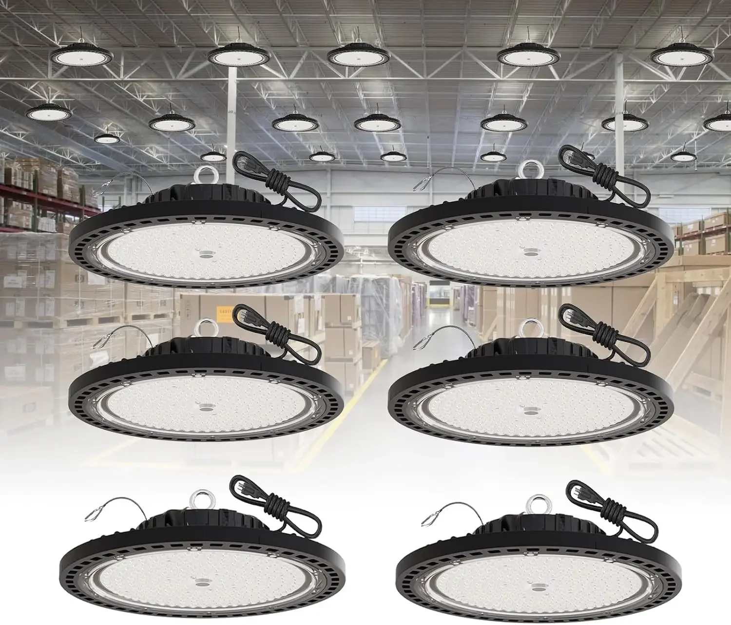 6 Pack UFO LED High Bay Light 250W, 35000 LM, 5000K with 5ft Power Cord, US Plug, Bright LED Shop Light for Basement Commercial