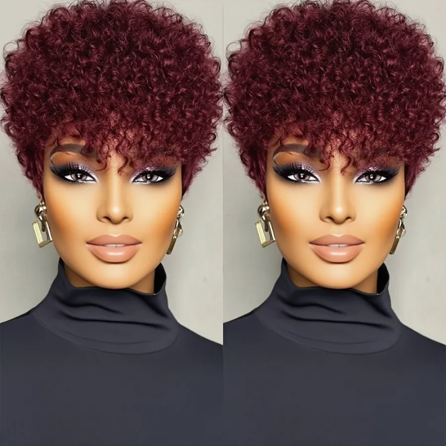Women'S Brazilian Remy Human Hair Wig -full machine made Natural Look Short Kinky Curly Afro Texture, Voluminous Curly Hair,
