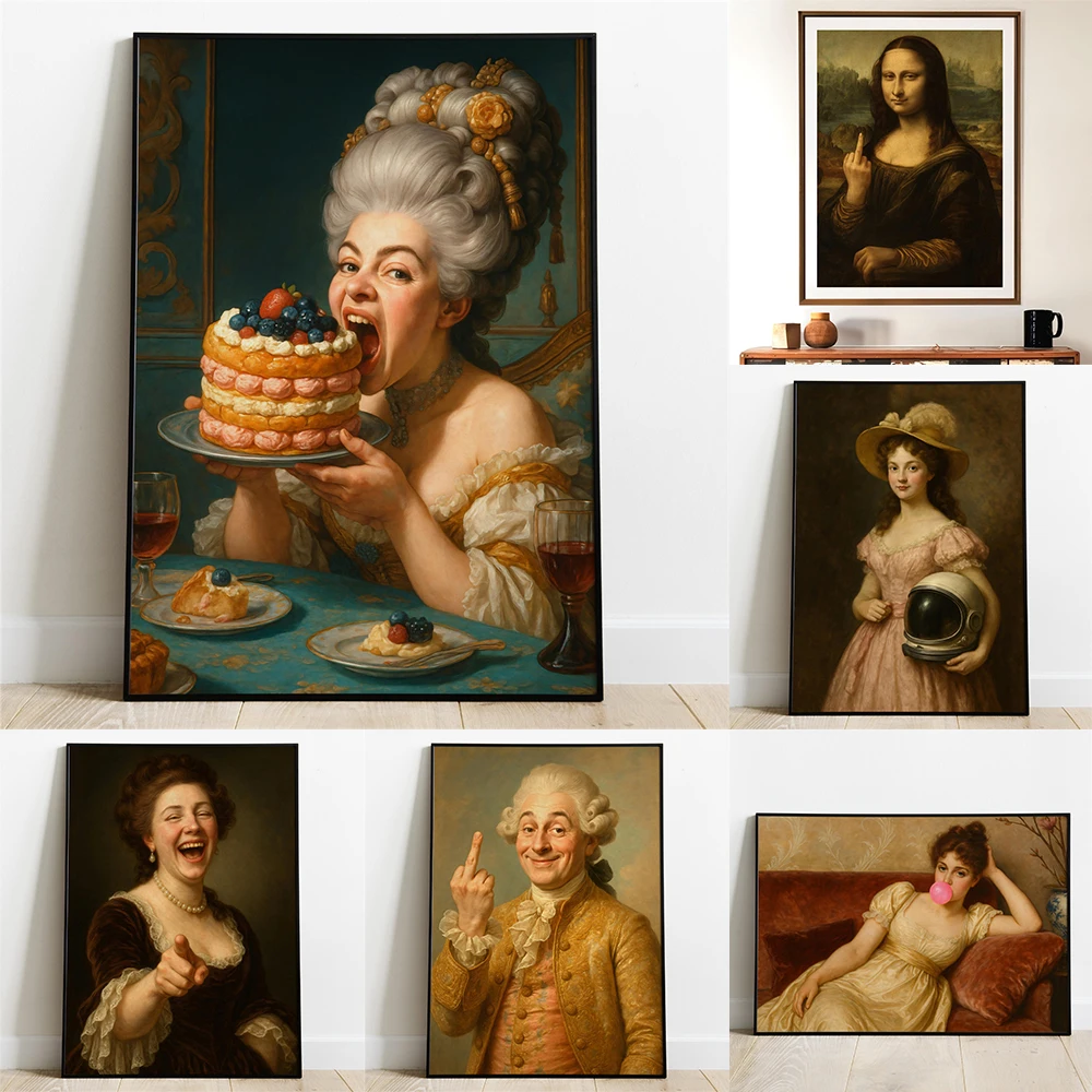 Middle Finger Rebel Man Funny Art Print Poster Altered Vintage Portrait Poster Humorous Antique Oil Painting Style Canvas Prints