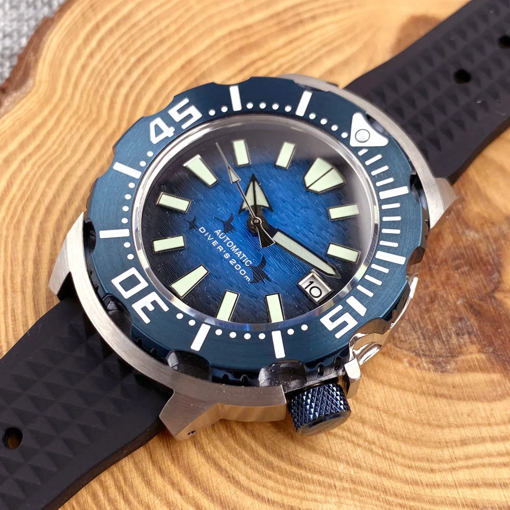 42mm Tandorio Monster Watches 20ATM Waterproof NH36A Diving Automatic Watch Men Blue Bezel Sapphire Luminous Rubber Strap New