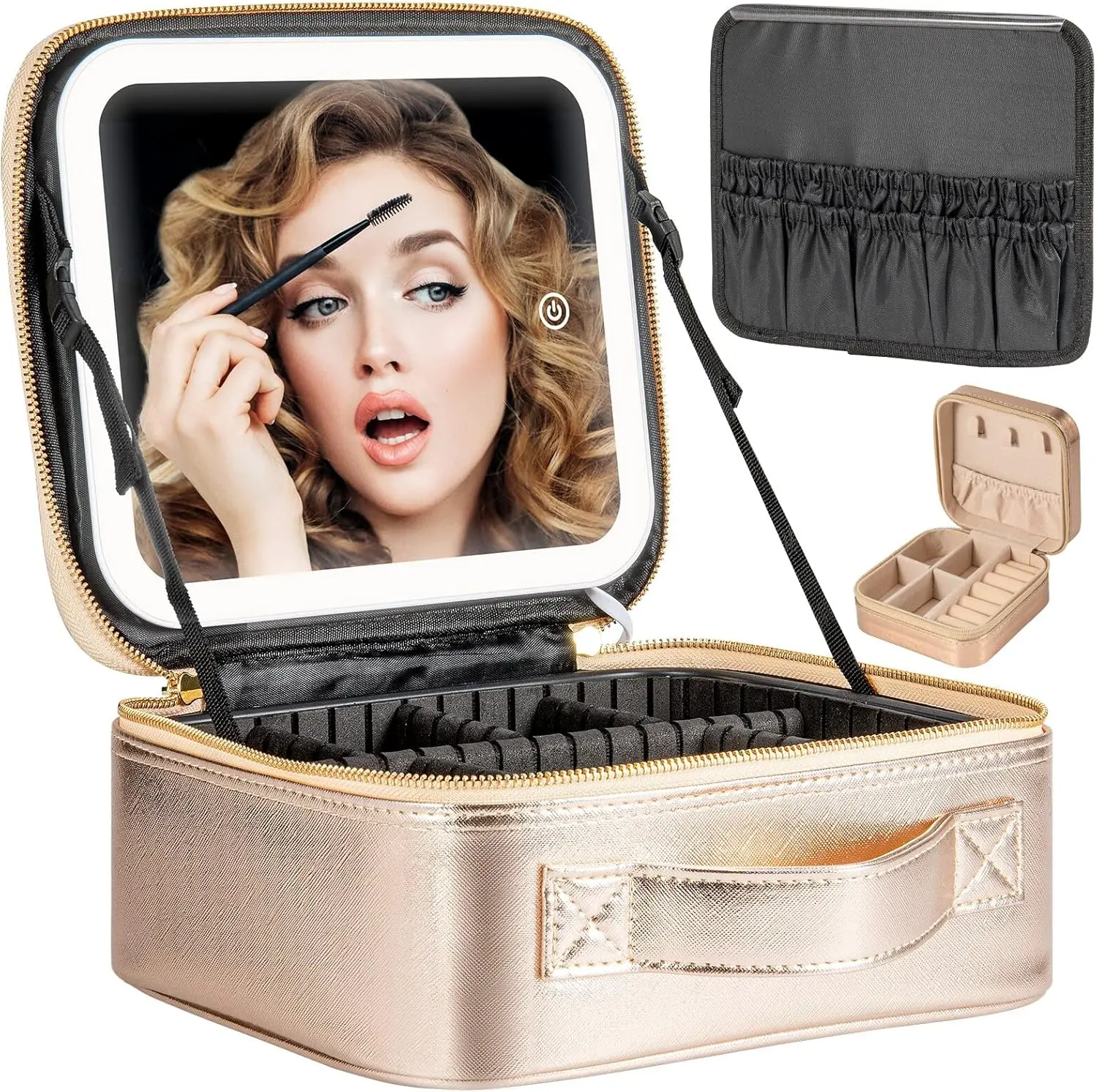 Makeup Travel Train Case with Mirror LED Light 3 Adjustable Brightness Cosmetic Bag Portable Storage Adjustable Partition