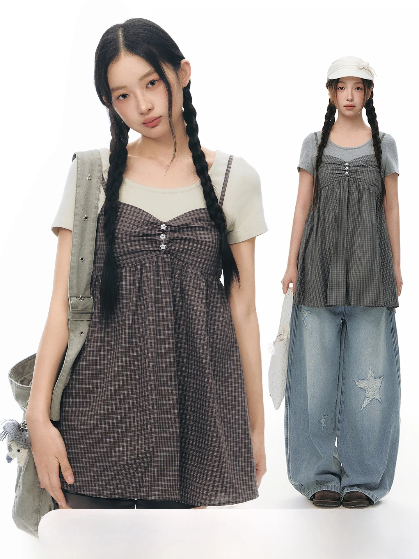 

NAPSNAPS Original Fake Two-Piece round Neck Short Sleeve T-Shirt Women's Spring Summer New Style Plaid Strap Cotton Top