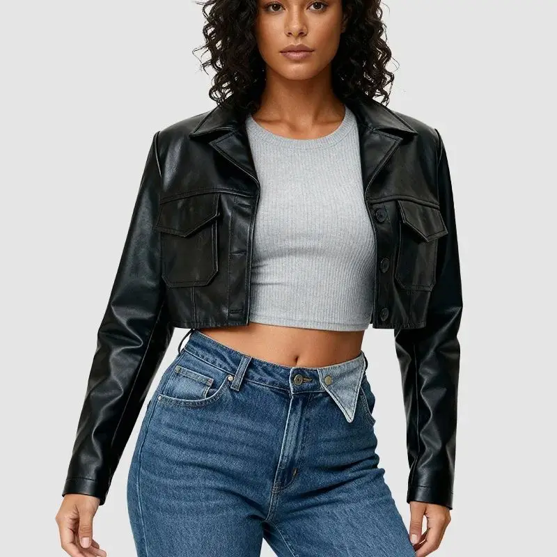 Women's Black Faux Leather Jacket Short Cropped Biker Style Motorcoat Lapel Sexy Punk Vestido Casual Winter Coat 2025 Chic New