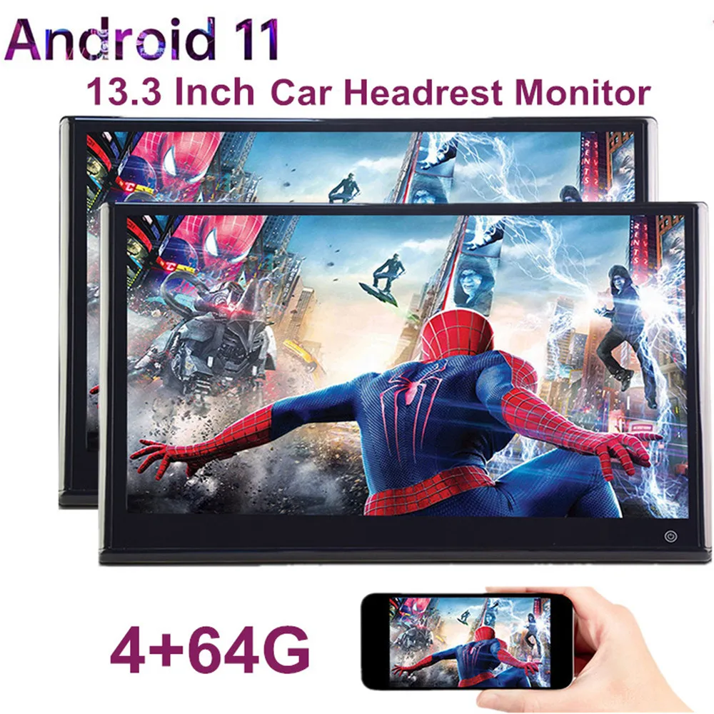 

13 Inch Android 11.0 Car Headrest Monitors 4K 1080P Touch Screen Video Player 4+64G WIFI HDMI In Automobile Rear Seat TV Monitor