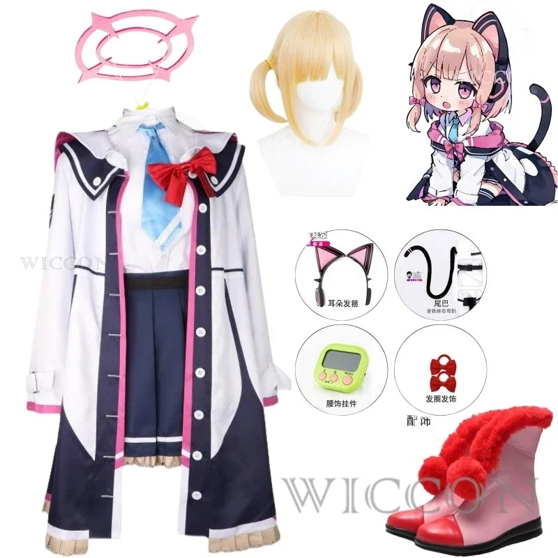 Blue Archive Saiba Momoi Cosplay Costume with Ear Headdress and Tail Girl Hoodie Jacket Coat Halloween Party Carnival Outfit Wig