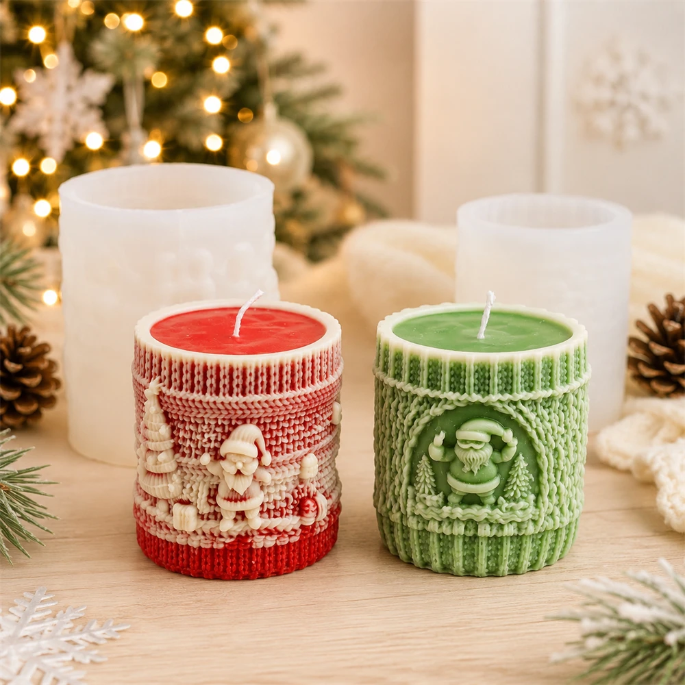 Christmas Knitted Santa Pillar Candle Silicone Mold, 3D Sweater Texture Cylinder Scented Candle Mould Holiday Home Decor & Gifts