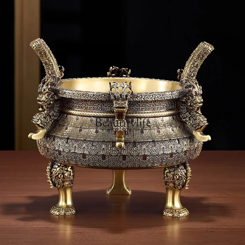 LJY*Oriental Jubilee Copper Cauldron Ornament Antique Incense Burner Six Beasts Three Foot Cauldron Living Room Store Opening Gi