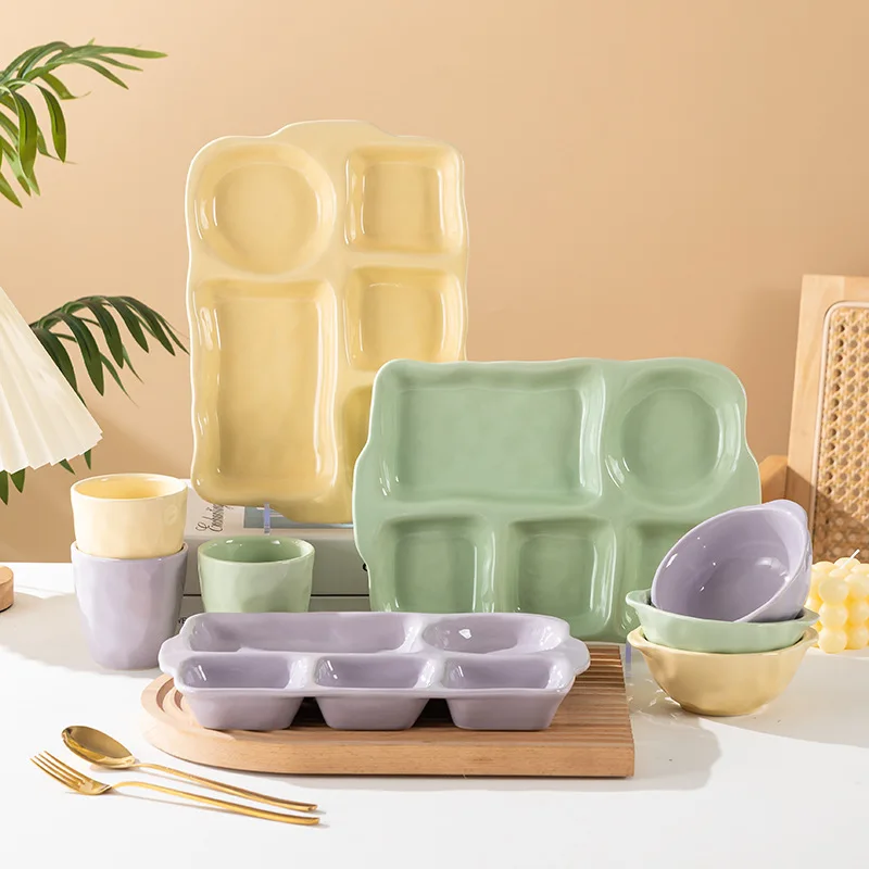 Japanese Macaron Underglaze Color Double Ear Divided Plate Rice Bowl Tea Cup Simple Home Ceramic Tableware Set