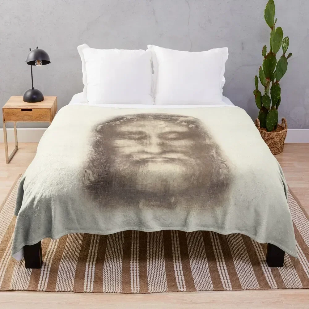 Shroud of Turin Face of Jesus Christ with Crown of Thorns Beige Vintage Background Painting HD High Quality Throw Blanket