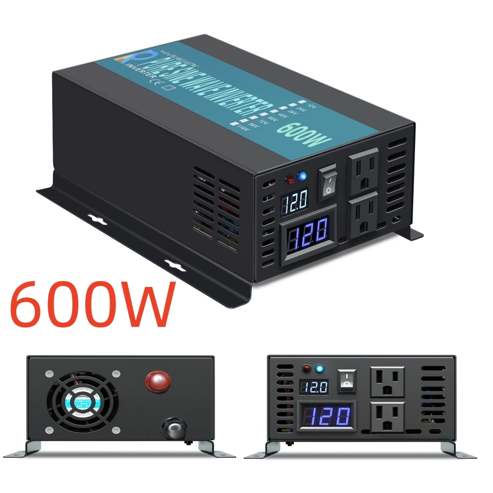 600W Pure Sine Wave Solar Inverter 12V 220V Portable Power Inverter Converter 24V 36V DC to 110V 230V 240V AC Home Power Supply