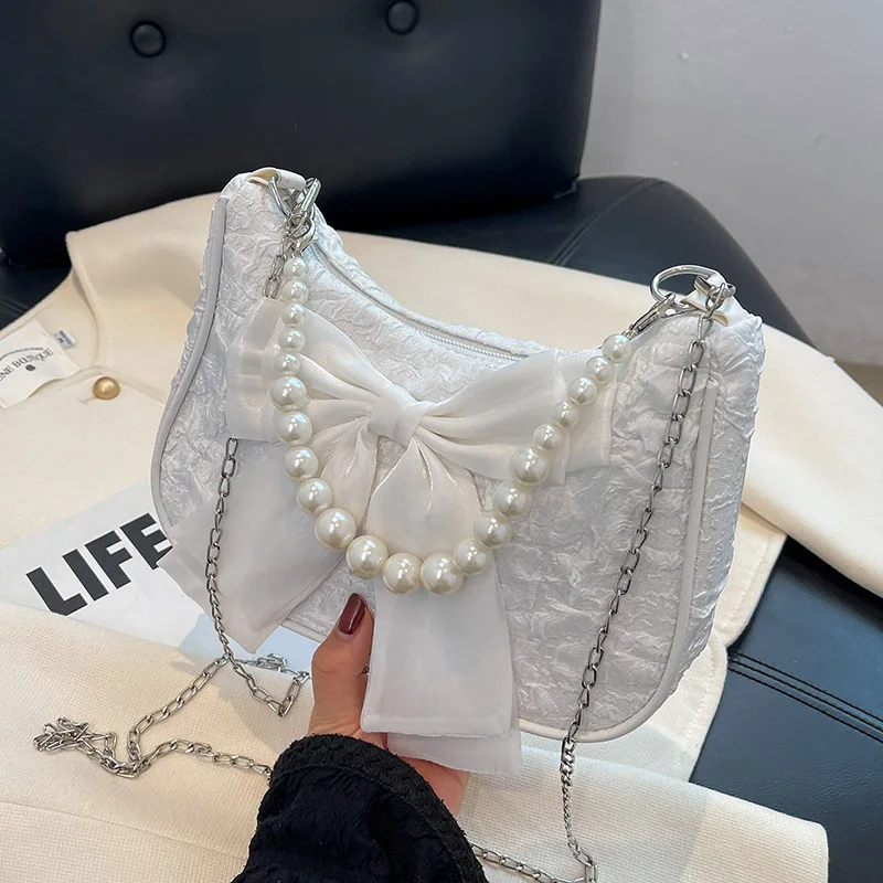 1pcs pure color shoulder bag fashion pearl chain messenger bag bow crescent bag