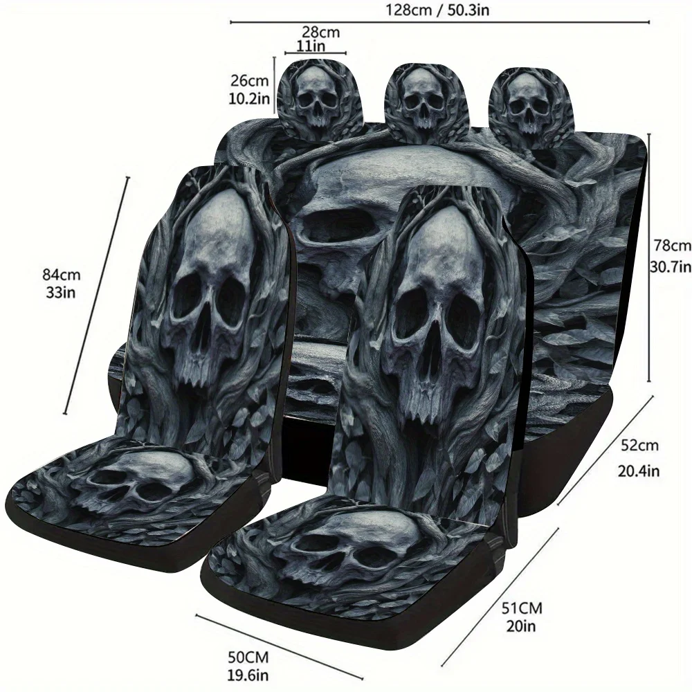 A Set Of Dark-Themed Car Seat Covers Featuring Eerie Images Of Tree Roots And Skulls, Suitable For Most Vehicles. This Stylish A