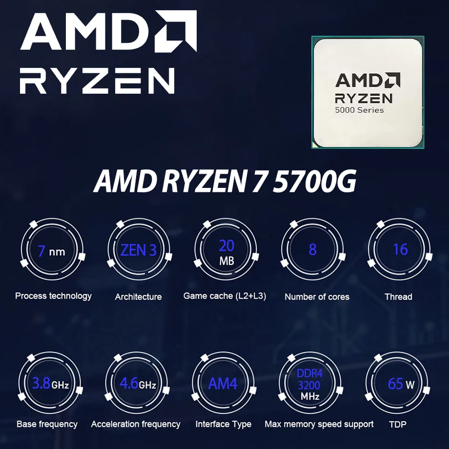 معالج وحدة المعالجة المركزية AMD R7 5700G الجديد Ryzen 7 5700G ثمانية النواة ستة عشر خيط 4.6 جيجا هرتز 65 واط TDP L3 = 16 متر مقبس AM4 ولكن بدون مبرد