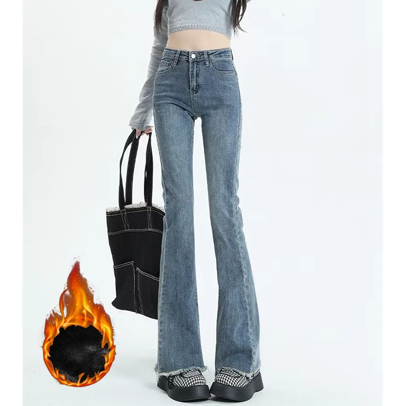 2026 Winter Lady Solid Plush Flared Jeans Women Basic High Waist Thermal Trousers Girls Snow Warm Velvet Thin Denim Pants