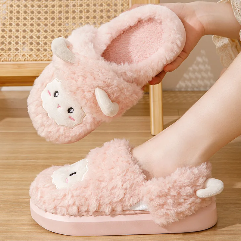 Kawaii Cartoon Lamb Fuzzy Slippers Women Winter Plush Warm Cozy House Shoes Woman Soft Comfortable Furry Indoor Slippers 2024