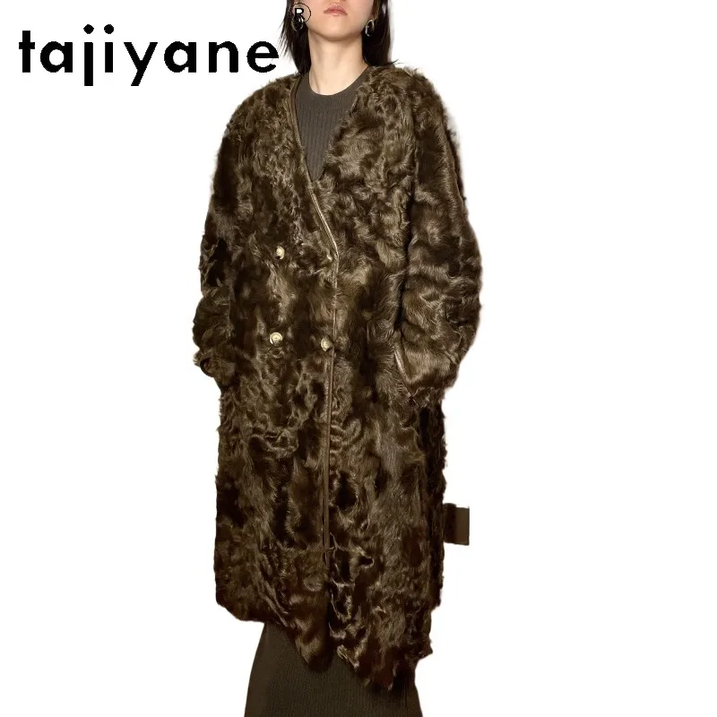 TAJIYANE Luxury Huyang Lamb Shearling Fur Jacket Fourrure Outerwear Reversible Real Fur Coat Women Oversized Long Overcoat 105cm