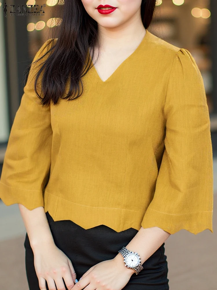 Zanzea 2025 verão onda hem com decote em v camisas femininas blusa de cor sólida moda 3/4 manga topos túnicas casual solto blusas férias